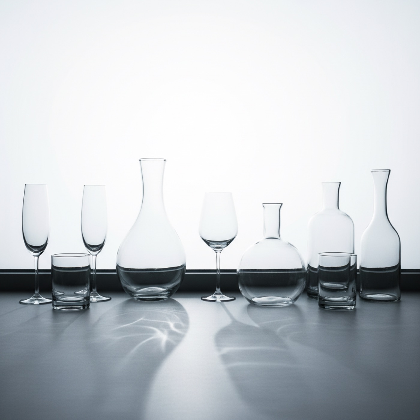 A table set with mixed glass — bowls, tumblers and a small vase in late light
